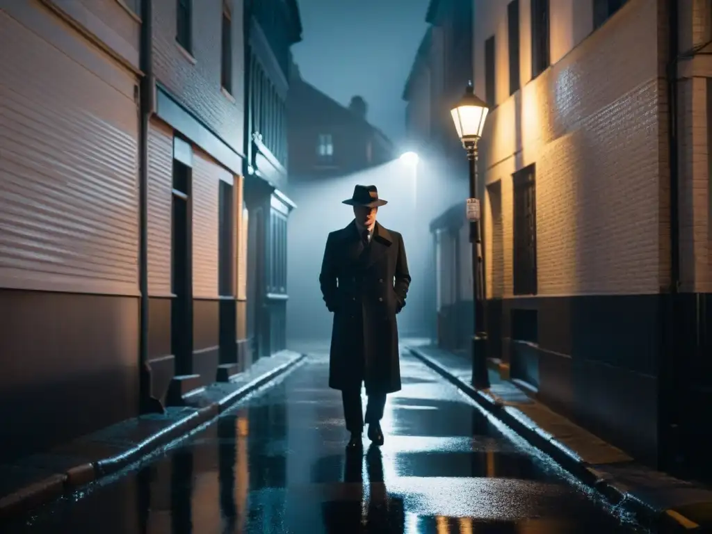 Un callejón oscuro de noche con figuras misteriosas y sombras inquietantes
