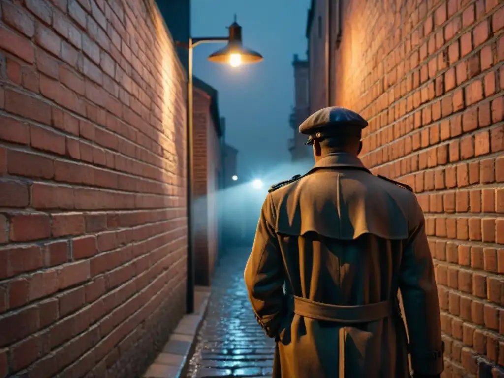 Un callejón oscuro de noche iluminado por la luz tenue de una farola parpadeante