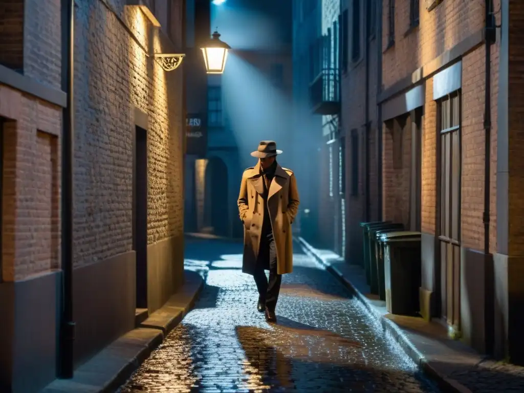 Un callejón oscuro de noche, iluminado por una farola titilante