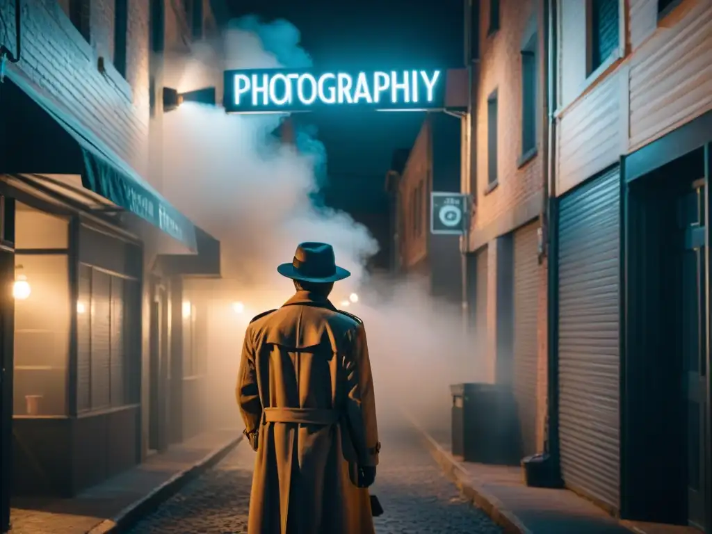 Un callejón oscuro de noche, iluminado por la tenue luz de una farola