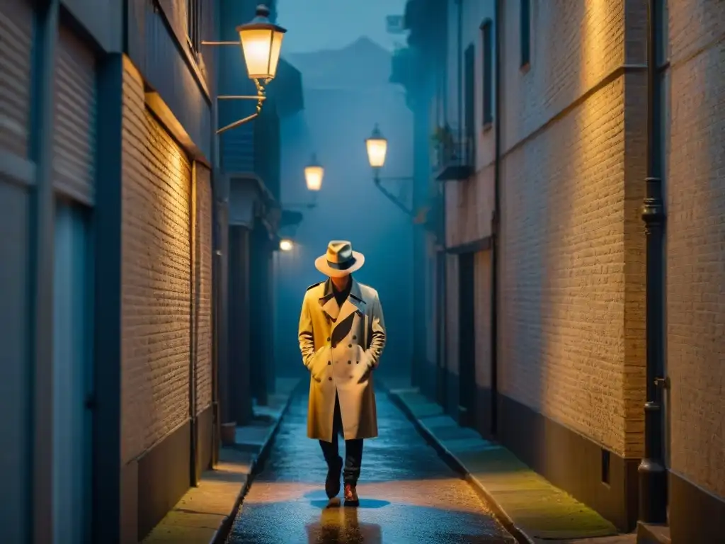 Un callejón oscuro de noche, iluminado por una farola lejana