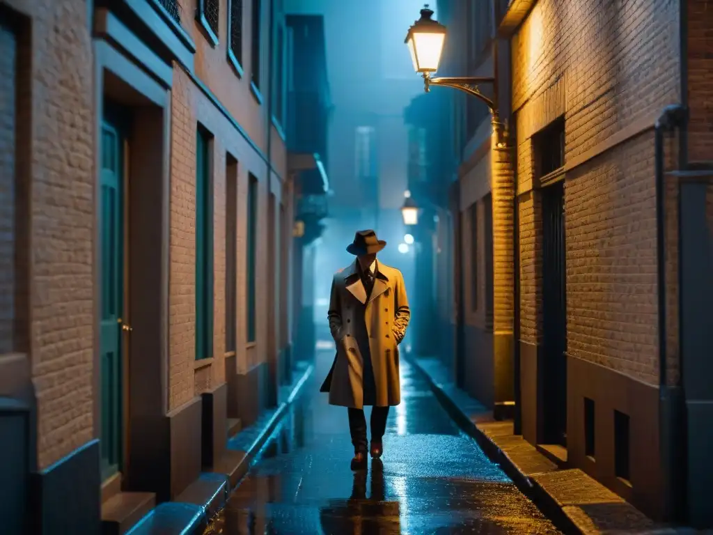 Un callejón oscuro de noche, iluminado por una solitaria farola que proyecta sombras en el pavimento mojado