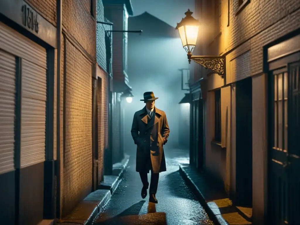 Un callejón oscuro de noche, iluminado por una solitaria farola