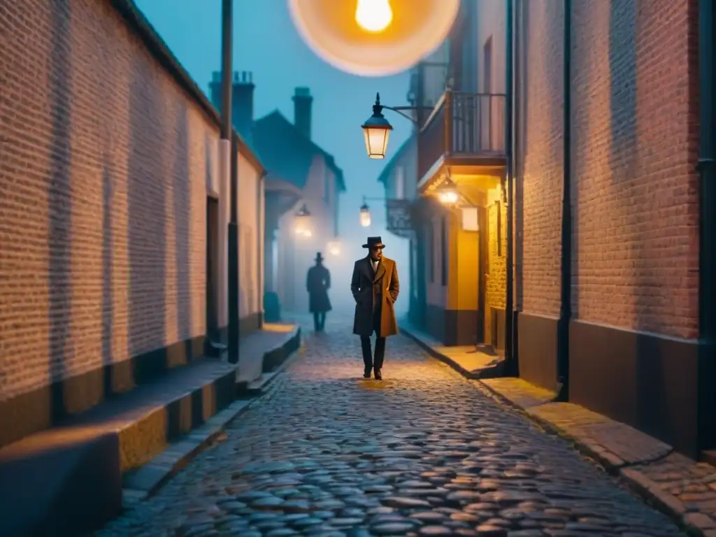 Un callejón oscuro de noche, iluminado por una farola vintage, con siluetas misteriosas entre las sombras