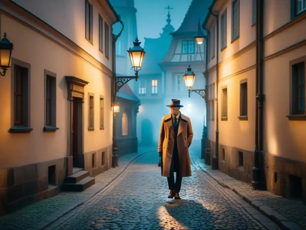 Un callejón oscuro de Praga de noche, iluminado por una farola temblorosa