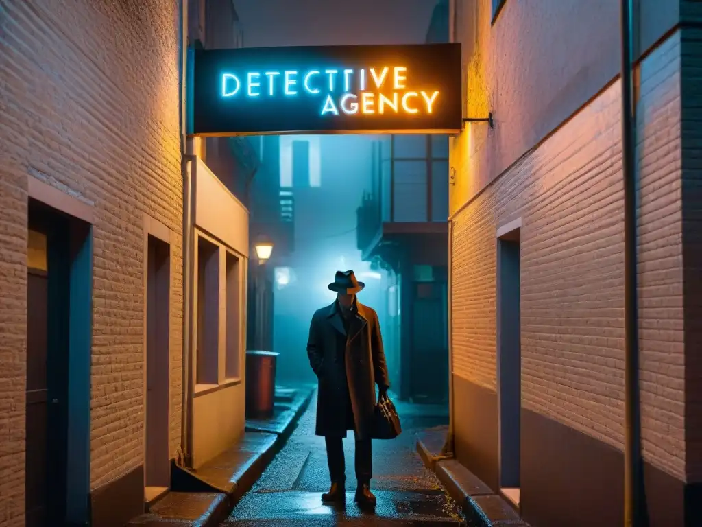 Agencia de Detectives: Misterio en la Noche Un callejón oscuro de noche, iluminado por un letrero de neón que dice 'Agencia de Detectives'