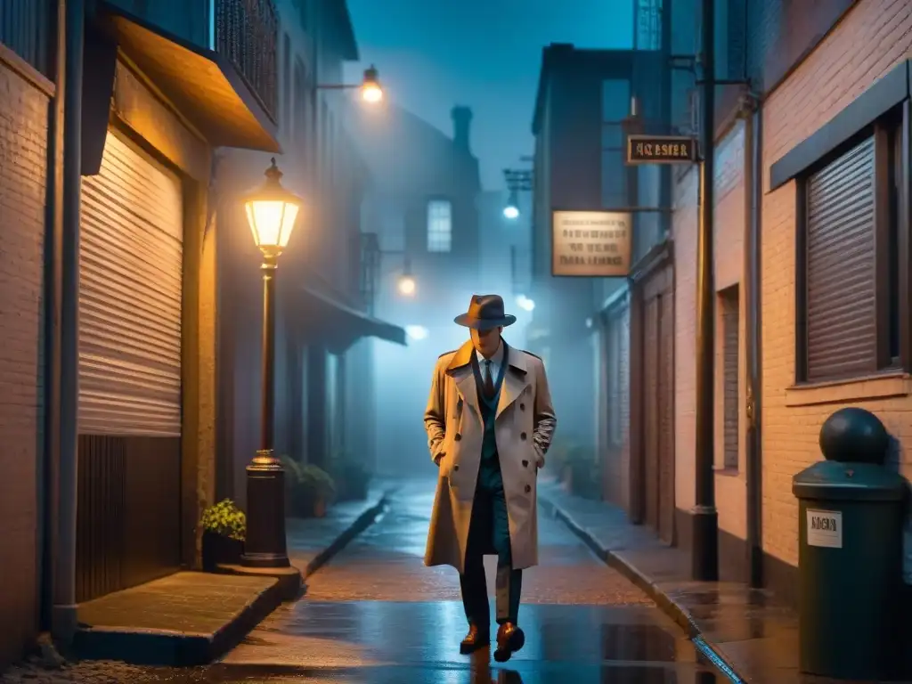 Un callejón oscuro de noche, iluminado por la luz de una farola