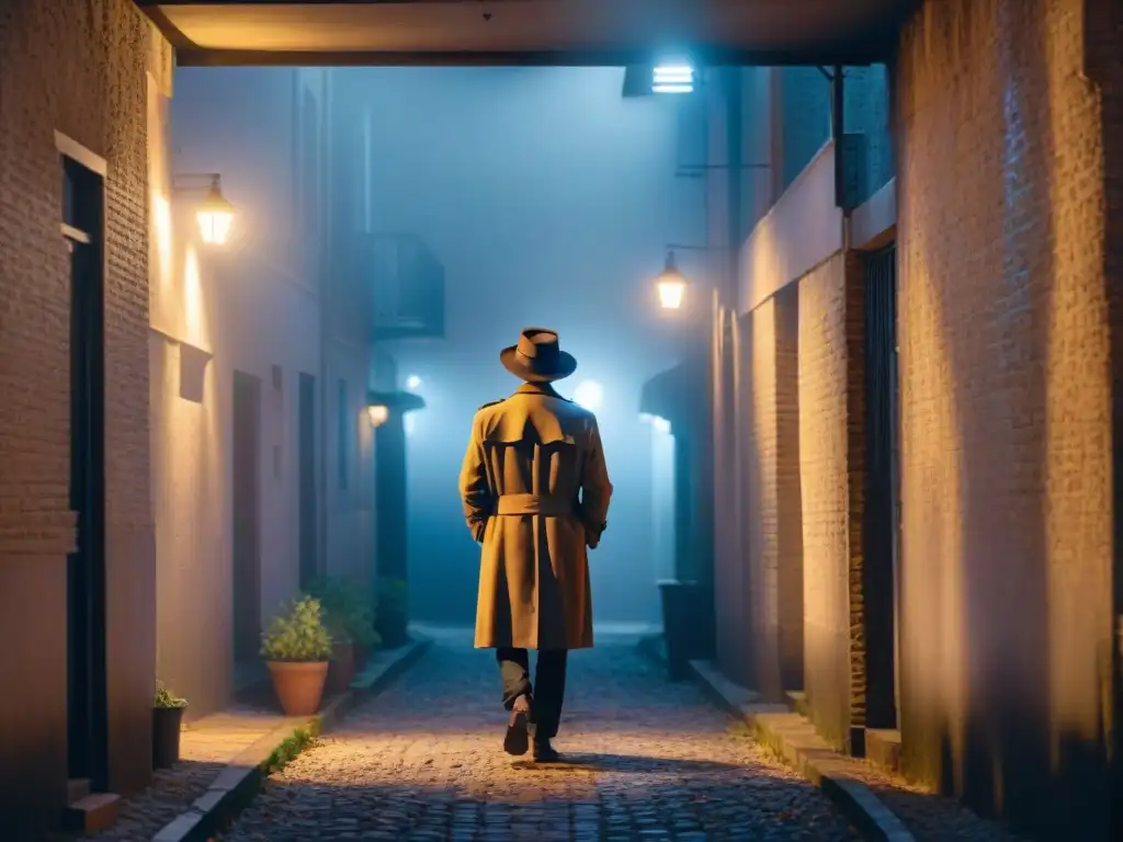 Un callejón oscuro por la noche, iluminado por una sola farola parpadeante