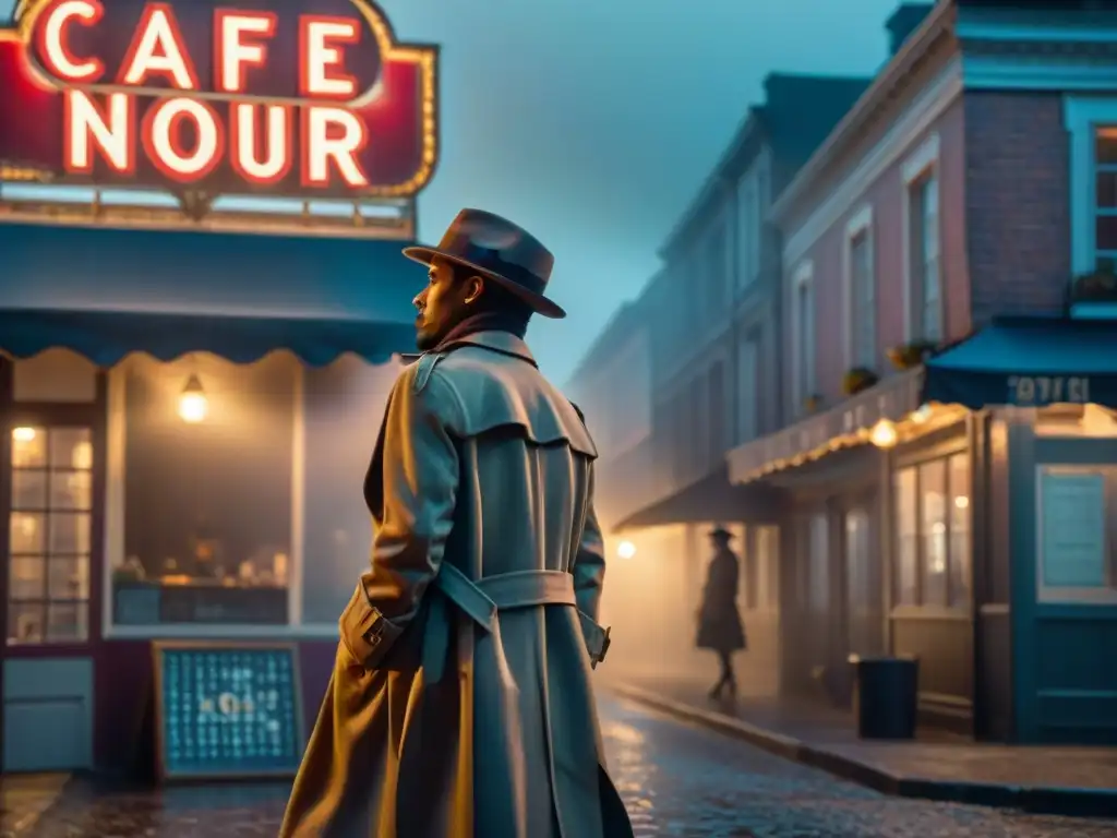 Un callejón oscuro de noche, iluminado por la luz tenue de una farola, donde una figura misteriosa mira un letrero de 'Café Noir'