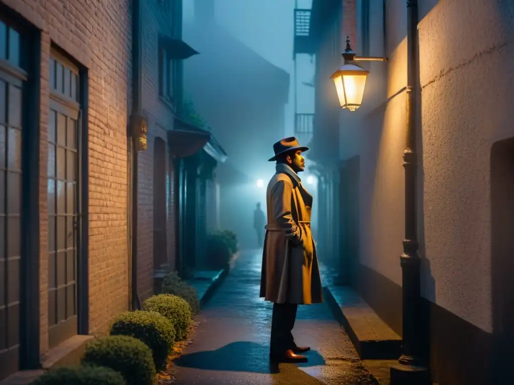 Un callejón oscuro de noche iluminado por una farola parpadeante