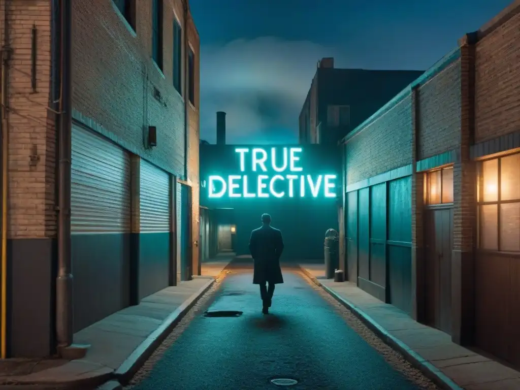 Un callejón oscuro de noche iluminado por un letrero de neón de 'Figuras de colección True Detective', con figuras misteriosas entre sombras