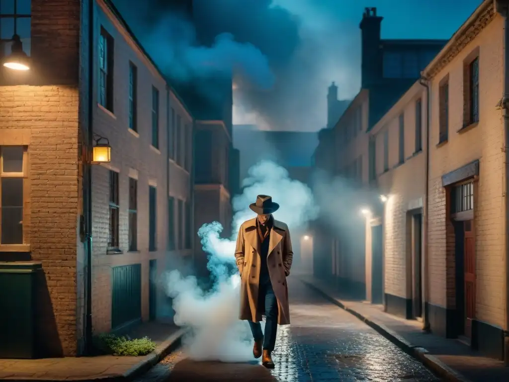 Un callejón oscuro por la noche, iluminado solo por una farola