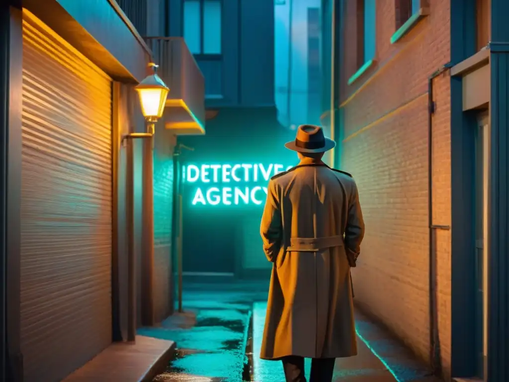 Un callejón oscuro de noche iluminado por una única farola, en el que una figura misteriosa observa un letrero de 'Detective Agency'