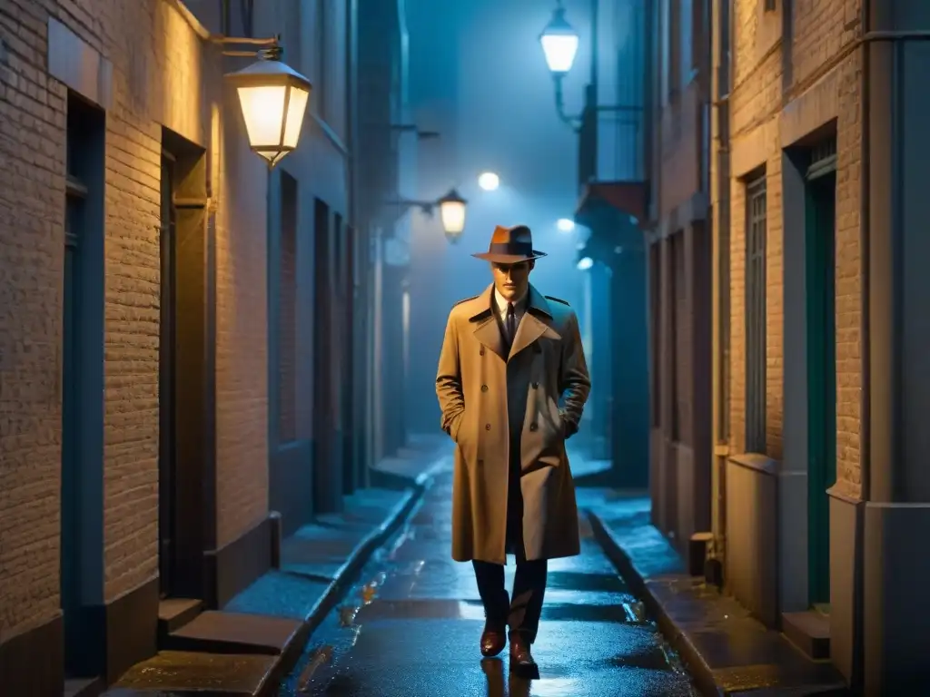 Un callejón oscuro de noche iluminado por la luz titilante de una farola solitaria