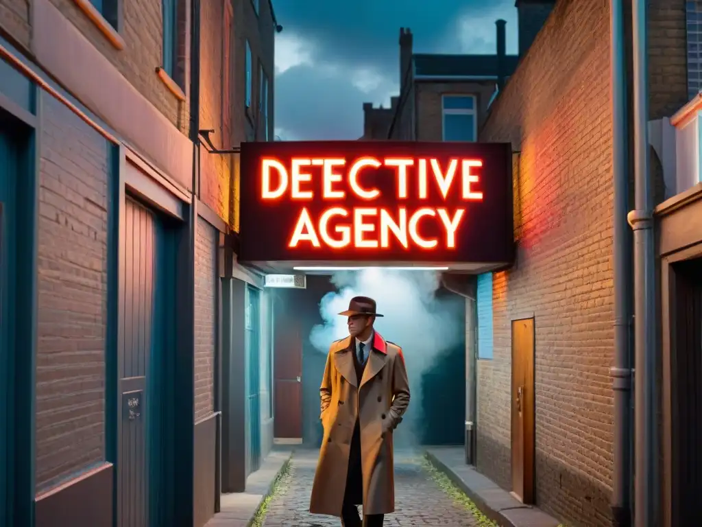 Noche de misterio: Agencia de Detectives bajo neón Un callejón oscuro de noche, iluminado por un letrero de neón 'Agencia de Detectives'