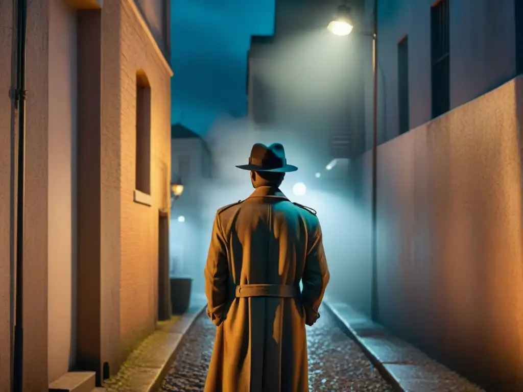 Un callejón oscuro de noche, iluminado por la luz de una farola temblorosa