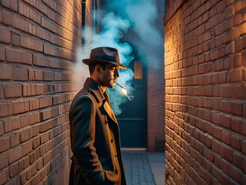 Un callejón oscuro de noche iluminado por una sola farola parpadeante