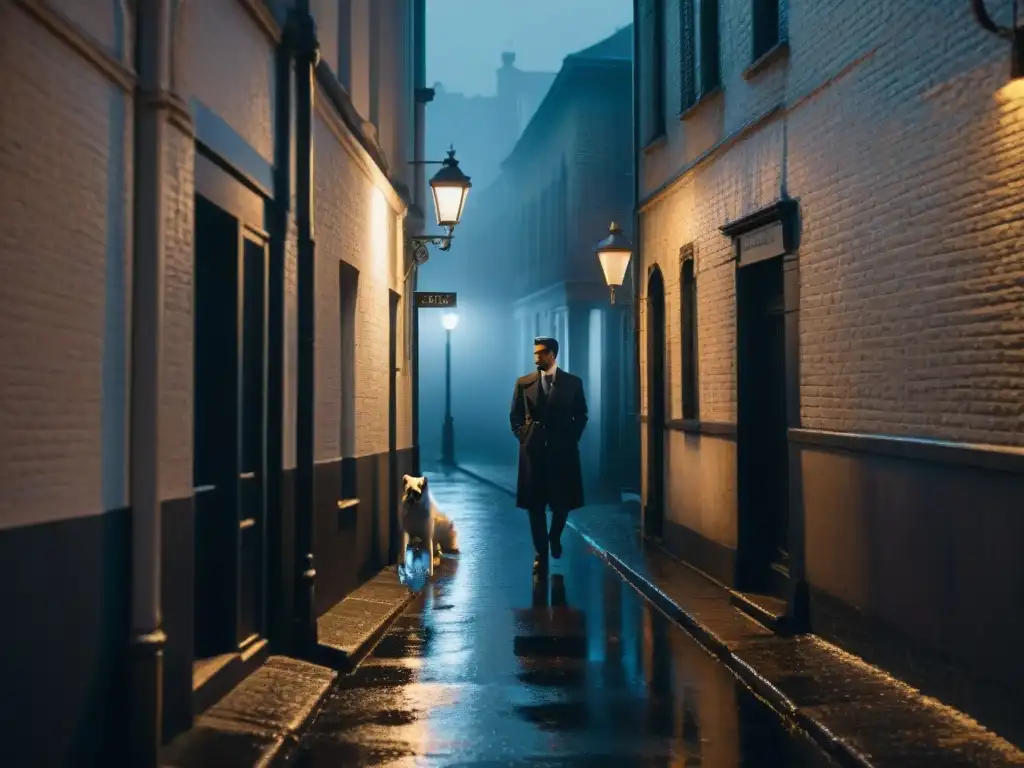 Un callejón oscuro de noche iluminado por una lámpara solitaria bajo la lluvia, sombras misteriosas y figuras en conversación