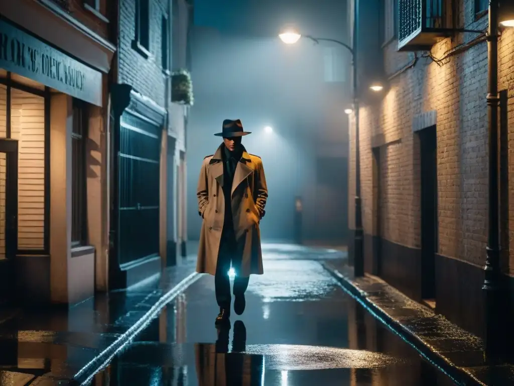 Un callejón oscuro de noche, iluminado por una farola solitaria