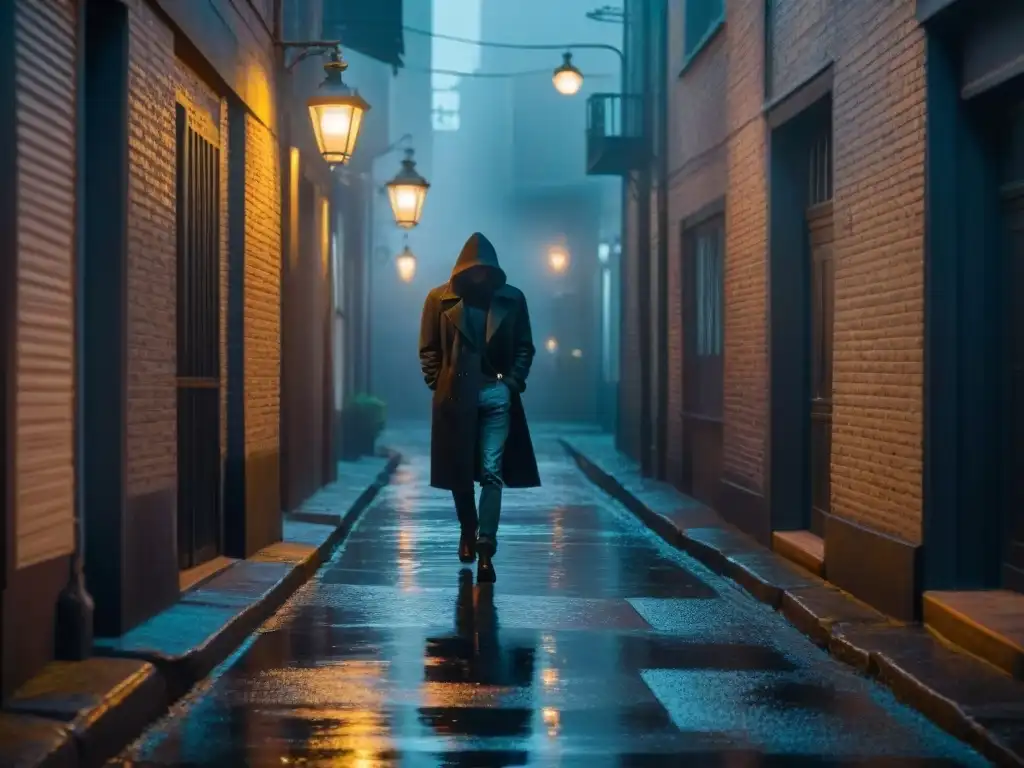 Un callejón oscuro de noche, iluminado por la luz tenue de una farola parpadeante