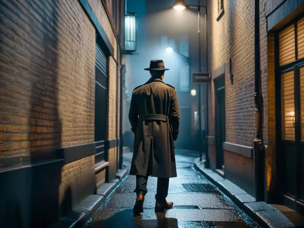 Un callejón oscuro en Londres de noche, iluminado por una farola titilante