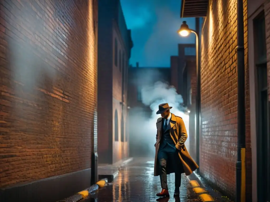 Un callejón oscuro de noche, la lluvia crea un reflejo brillante en el pavimento mojado