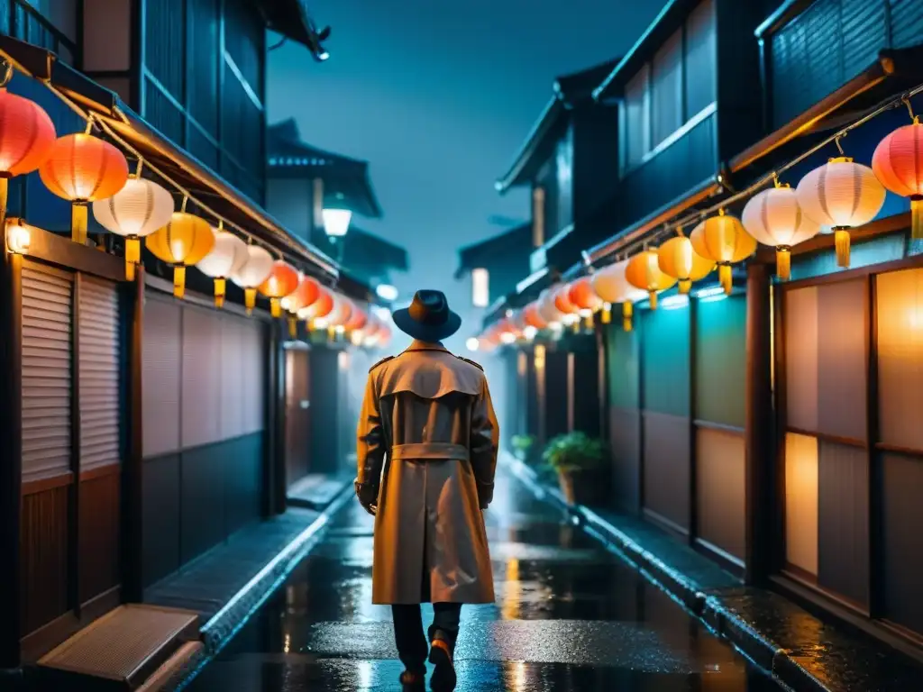 Un callejón oscuro de Tokio de noche bajo la lluvia, con faroles de papel japoneses que iluminan a una figura misteriosa