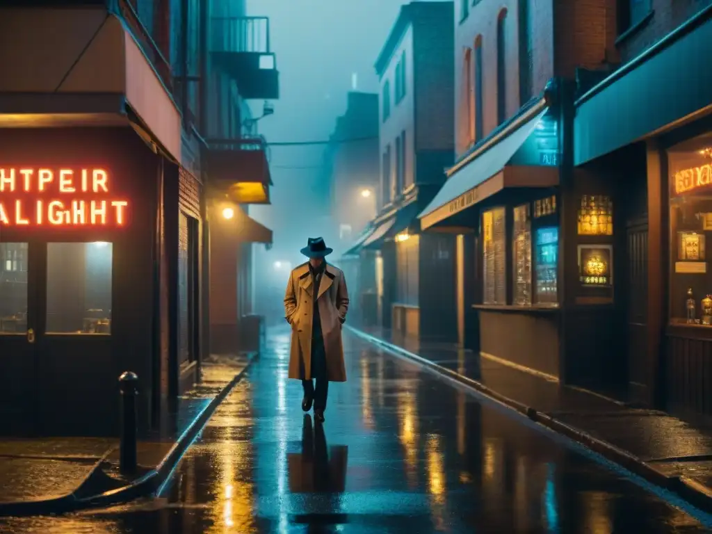 En un callejón oscuro de noche, bajo la lluvia, una figura solitaria en gabardina y fedora destaca en la luz de farola intermitente