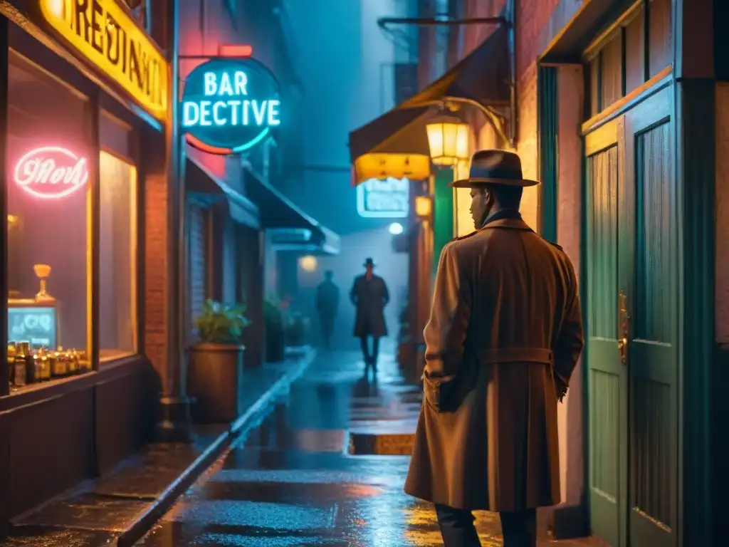 En un callejón oscuro de noche, la lluvia cae suavemente, reflejando luces de neón