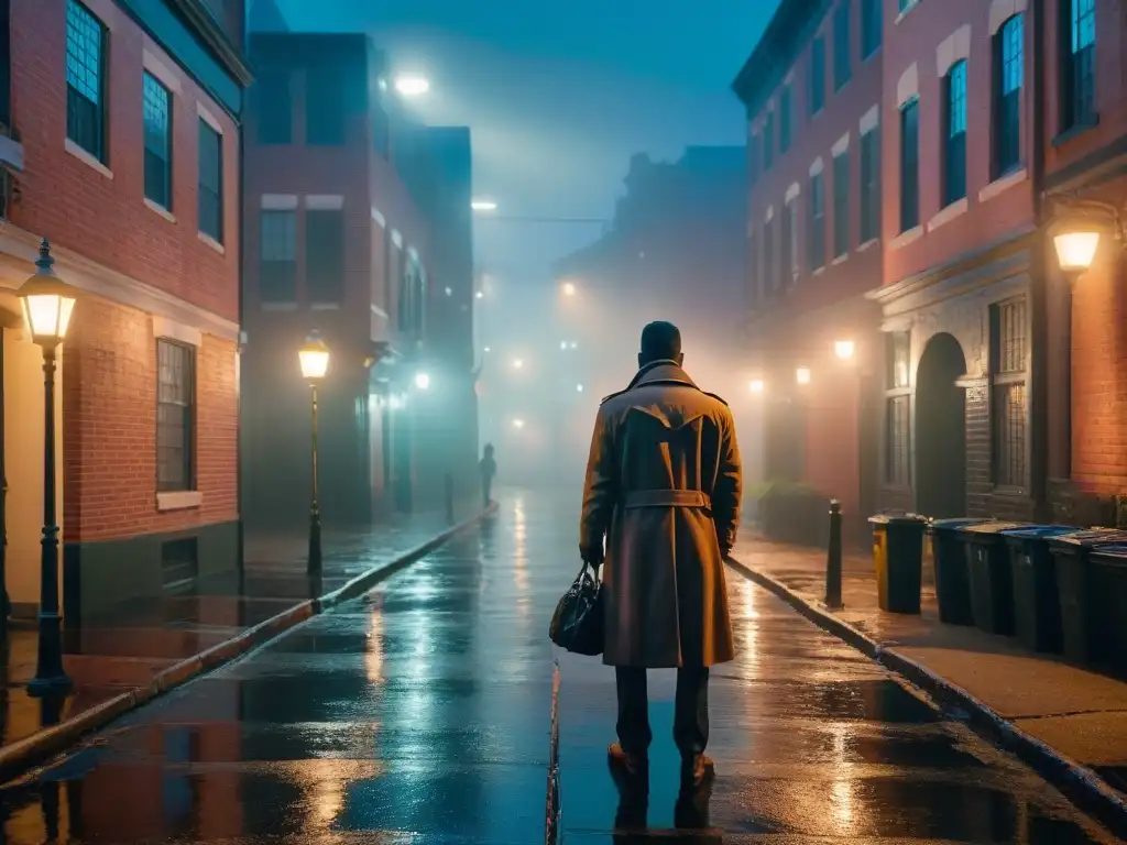 Un callejón oscuro en Baltimore de noche, la lluvia refleja las luces de la ciudad