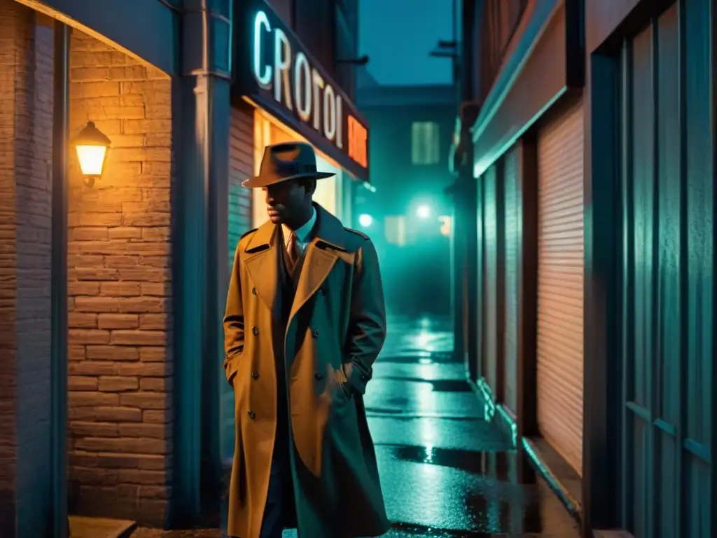 Un callejón oscuro en una noche lluviosa, iluminado por la tenue luz de una farola parpadeante