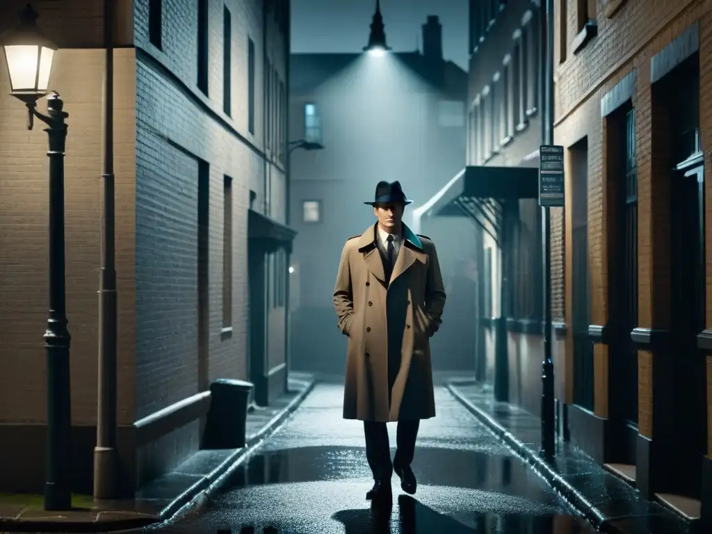 Noche de misterio: Figura solitaria bajo la luz Un callejón oscuro en una noche lluviosa en blanco y negro, con una figura solitaria bajo una farola parpadeante