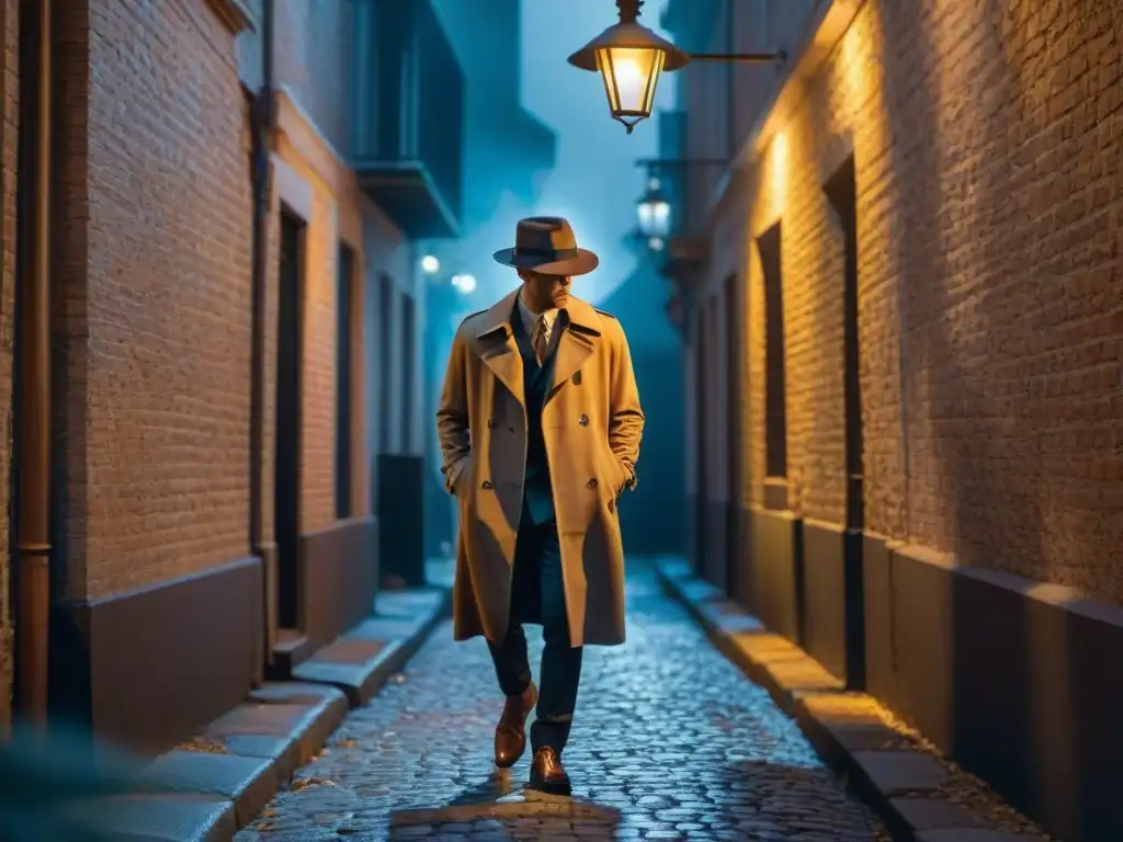 Un callejón oscuro de noche, con una luz tenue que proyecta sombras largas en el suelo empedrado