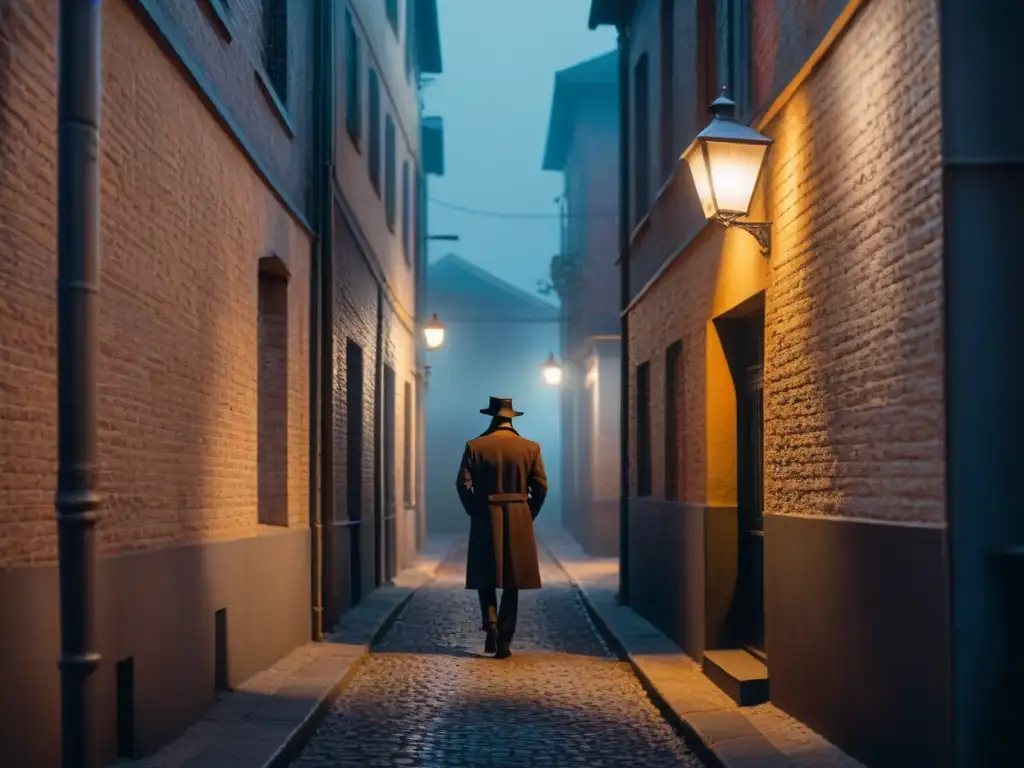 Un callejón oscuro de noche con una luz de farola titilante, creando una atmósfera de Cine Noir