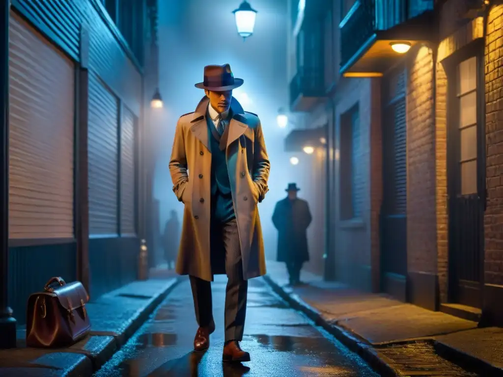 Misterio en la Callejuela: Detective en la Noche Investigación en un callejón oscuro de noche, con neblina alrededor de farolas antiguas