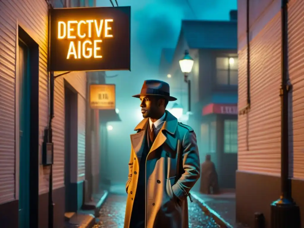 Noche de misterio: detective en callejón oscuro Un callejón oscuro de noche con neblina alrededor de farolas vintage proyectando largas sombras