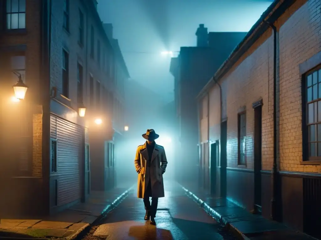 Un callejón oscuro de noche, con neblina y una sola farola