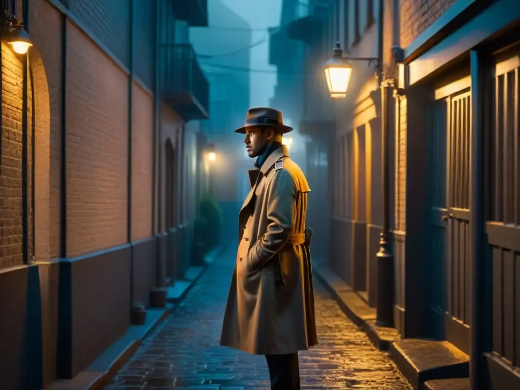 Un callejón oscuro de noche con niebla alrededor de farolas antiguas, sombras largas, una figura misteriosa en un trench y fedora