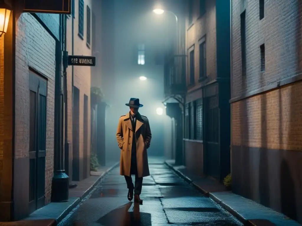 Detective misterioso en callejón nocturno: escena Film Noir En un callejón oscuro de noche con niebla, una figura misteriosa en sombras con sombrero y gabardina, sosteniendo una lupa
