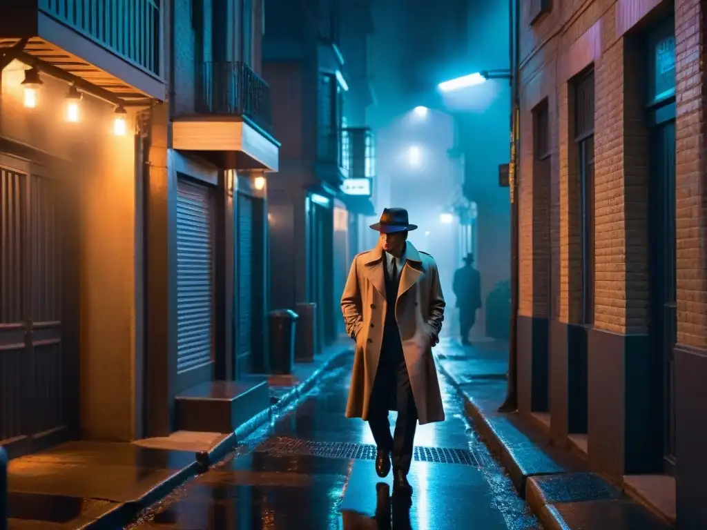 Un callejón oscuro de noche, reflejos de luces neón en la ciudad en noir clásico