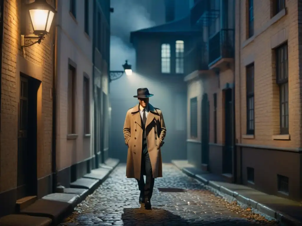 Un callejón oscuro de noche, con una sola farola proyectando sombras sobre el suelo empedrado