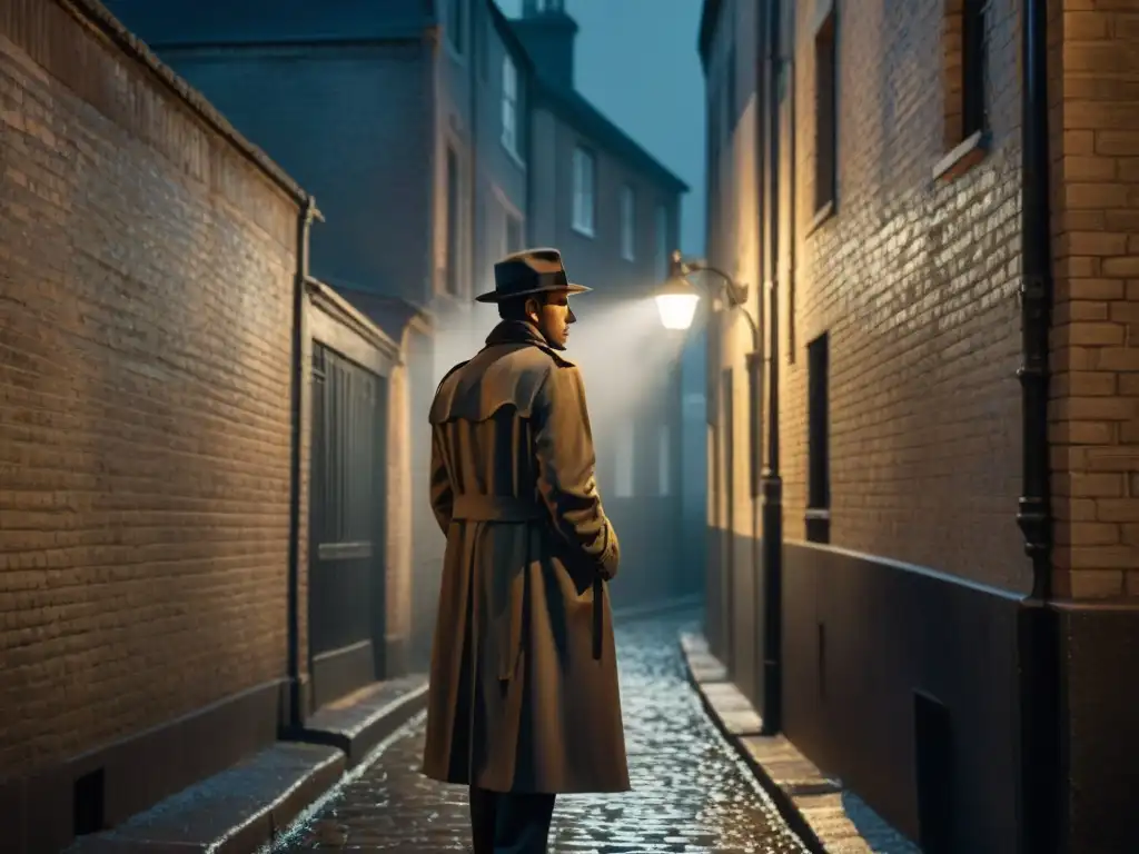 Un callejón oscuro de noche, con una sola farola iluminando los adoquines mojados