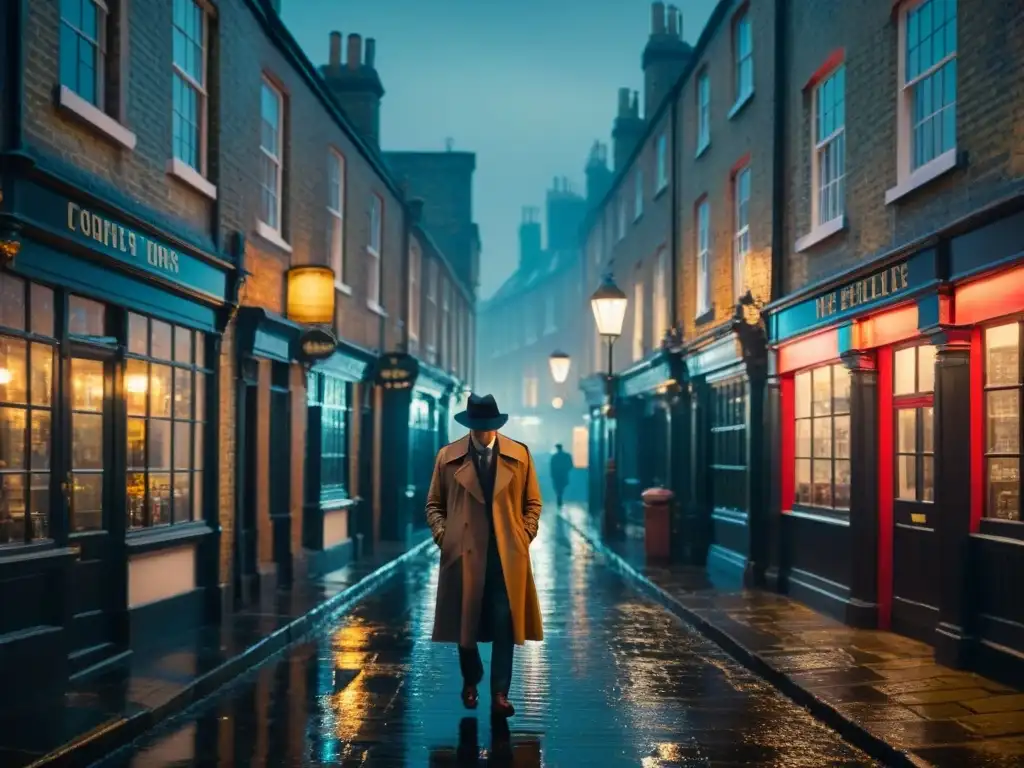 Un callejón oscuro de Londres de noche, con sombras proyectadas por la luz de farolas creando una atmósfera noir