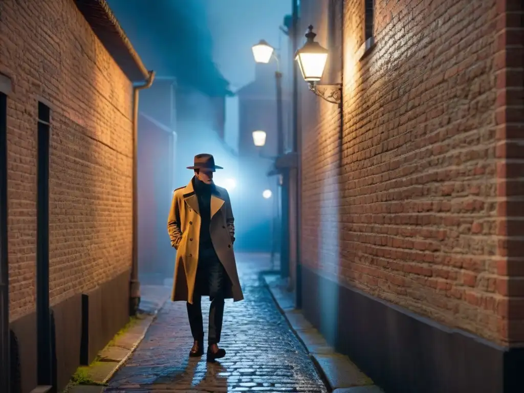 Un callejón oscuro de noche, con sombras deslizándose por las paredes de ladrillo y una solitaria farola proyectando un brillo misterioso