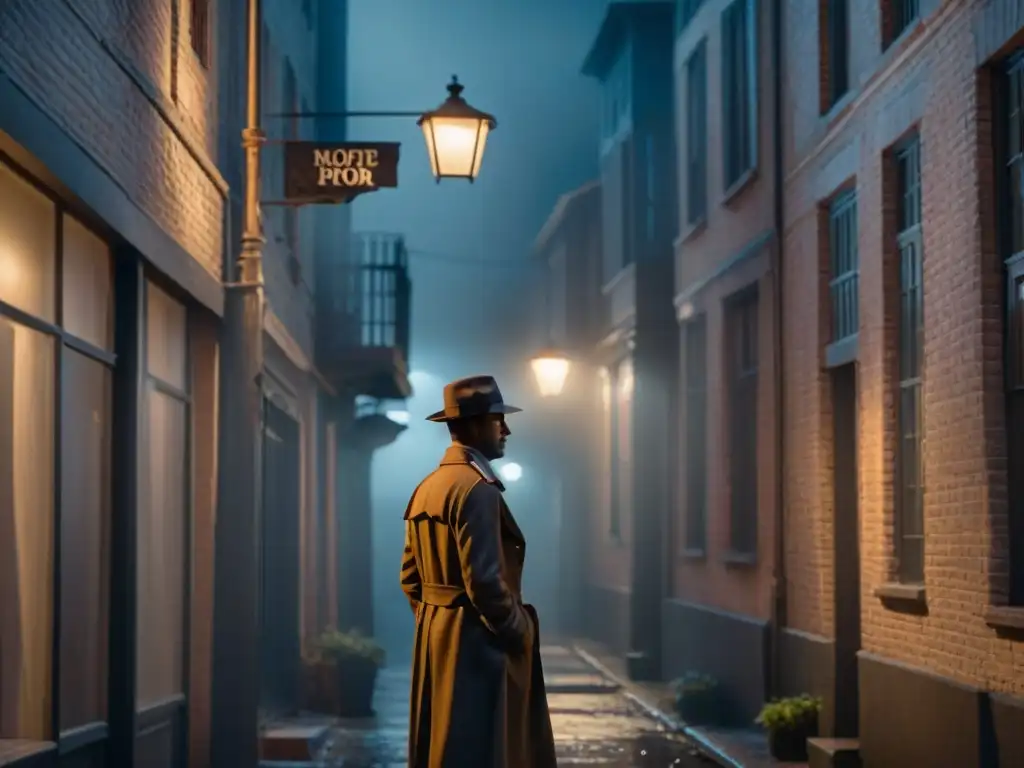 Un callejón oscuro de noche con sombras proyectadas por la luz de una farola