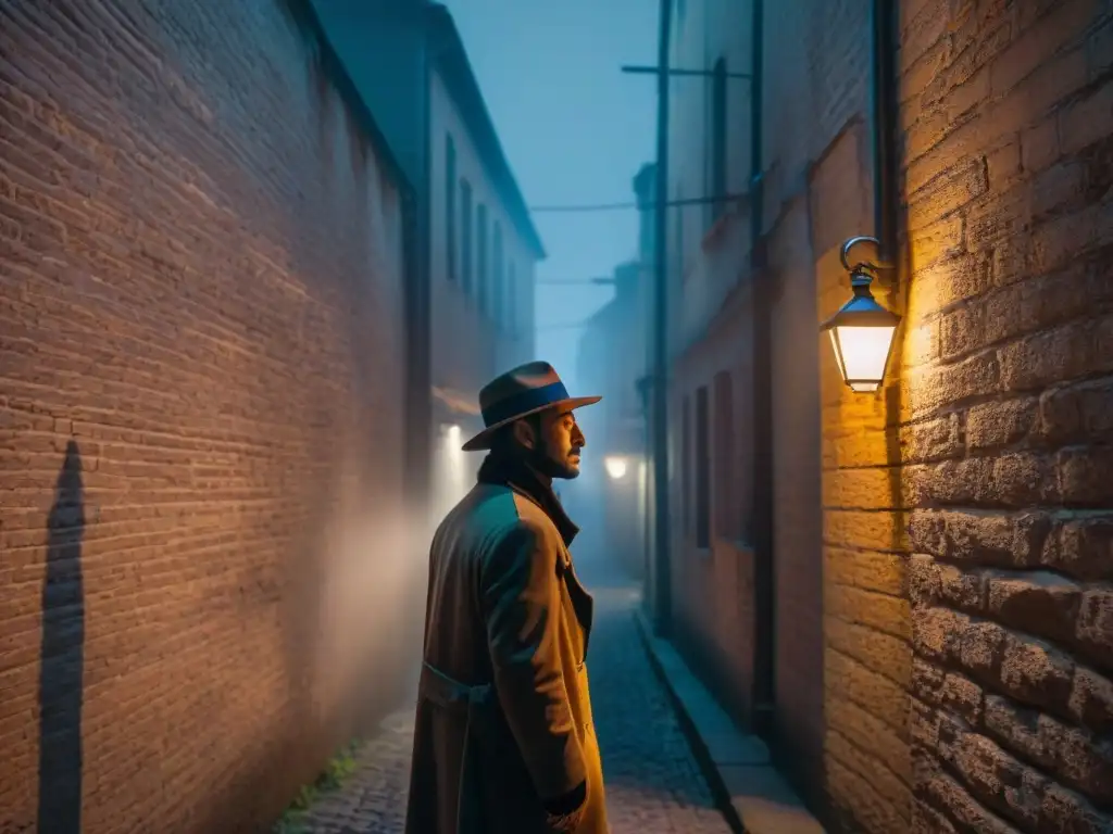 Un callejón oscuro de noche, con sombras y una figura bajo una farola titilante