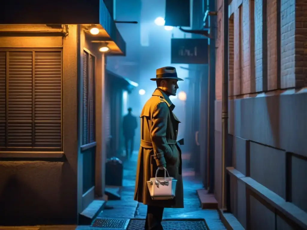 Noche de misterio: Figura en callejón oscuro del Film Noir Un callejón oscuro de noche, sombras misteriosas en las paredes