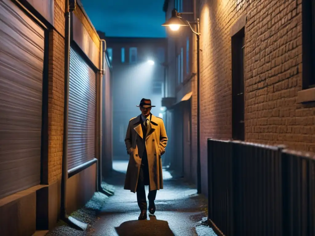 Un callejón oscuro de noche, con sombras acechando y una figura solitaria bajo una farola parpadeante, crea un ambiente noir