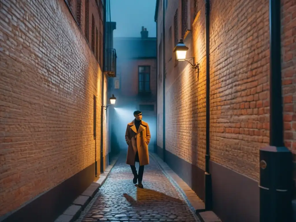 Un callejón oscuro de noche, con sombras en las paredes y una figura bajo una farola parpadeante