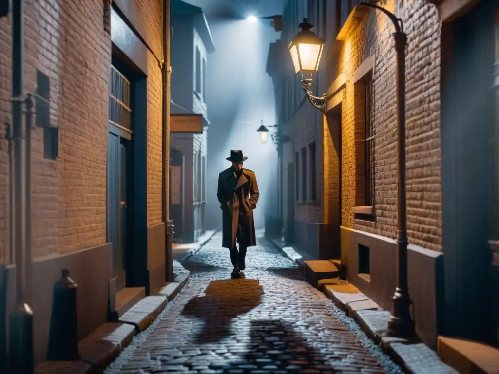 Un callejón oscuro de noche, con sombras en el suelo adoquinado